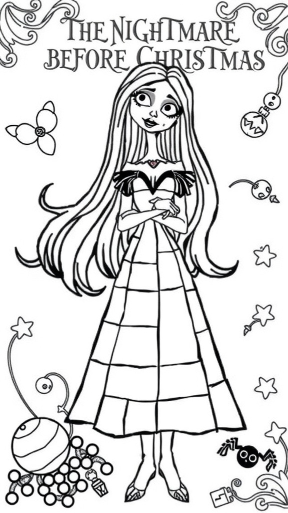 A coloring page of Sally from The Nightmare Before Christmas, featuring her patchwork dress and long hair.